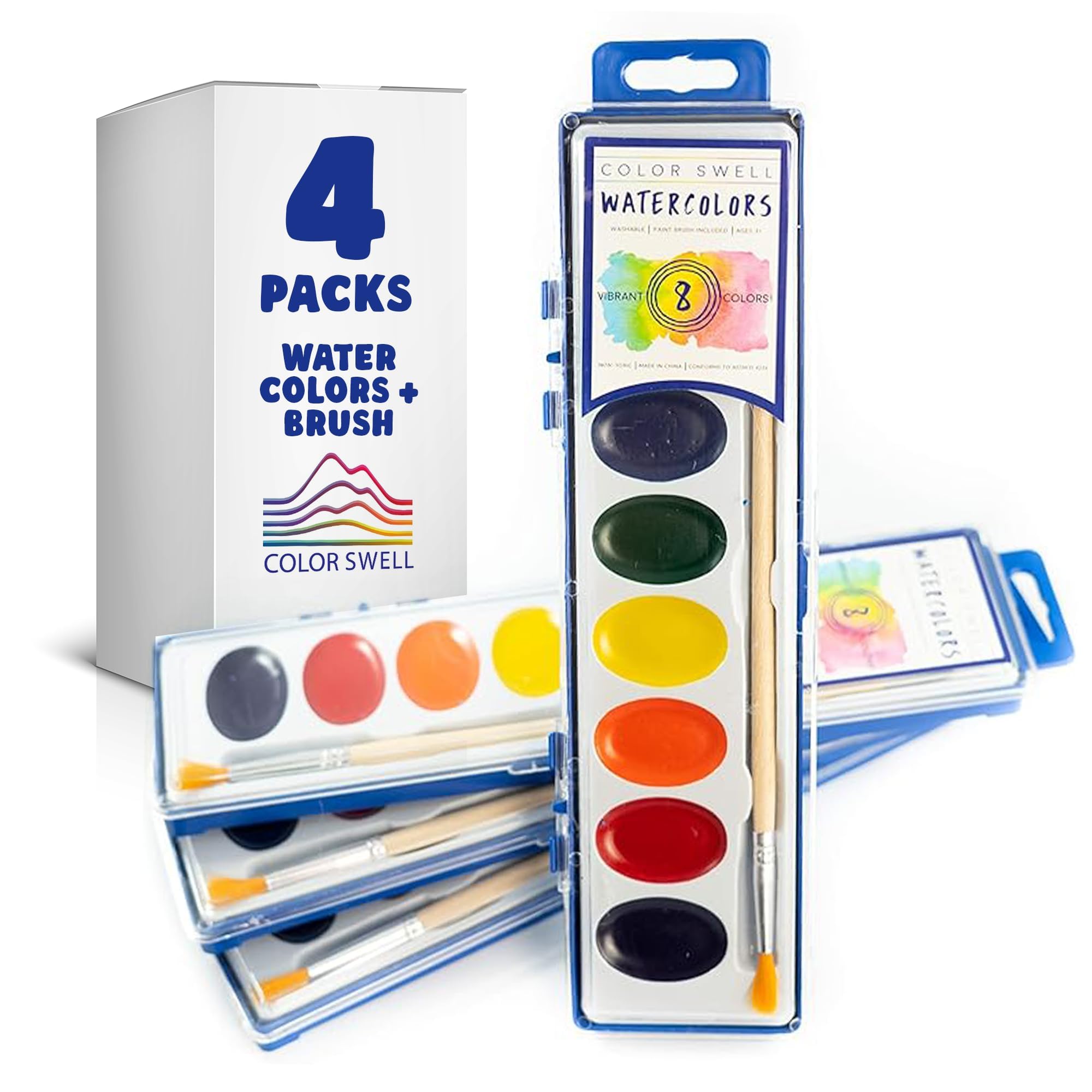 4 Sets Watercolours Paint Pack with Smooth Wood Brushes 8 Colours Washable Water Colours