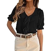 PRETTYGARDEN Women's Summer Dressy Casual Blouses 2026 Short Sleeve V Neck Ruffle Business Work Tops Trendy Spring Outfits