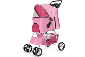 Wedyvko Pet Dog Stroller, 4 Wheel Foldable Cat Dog Stroller with Storage Basket, Handle 360° Front Wheel Rear Wheel with Brake for Small Medium Dogs & Cats (Pink)