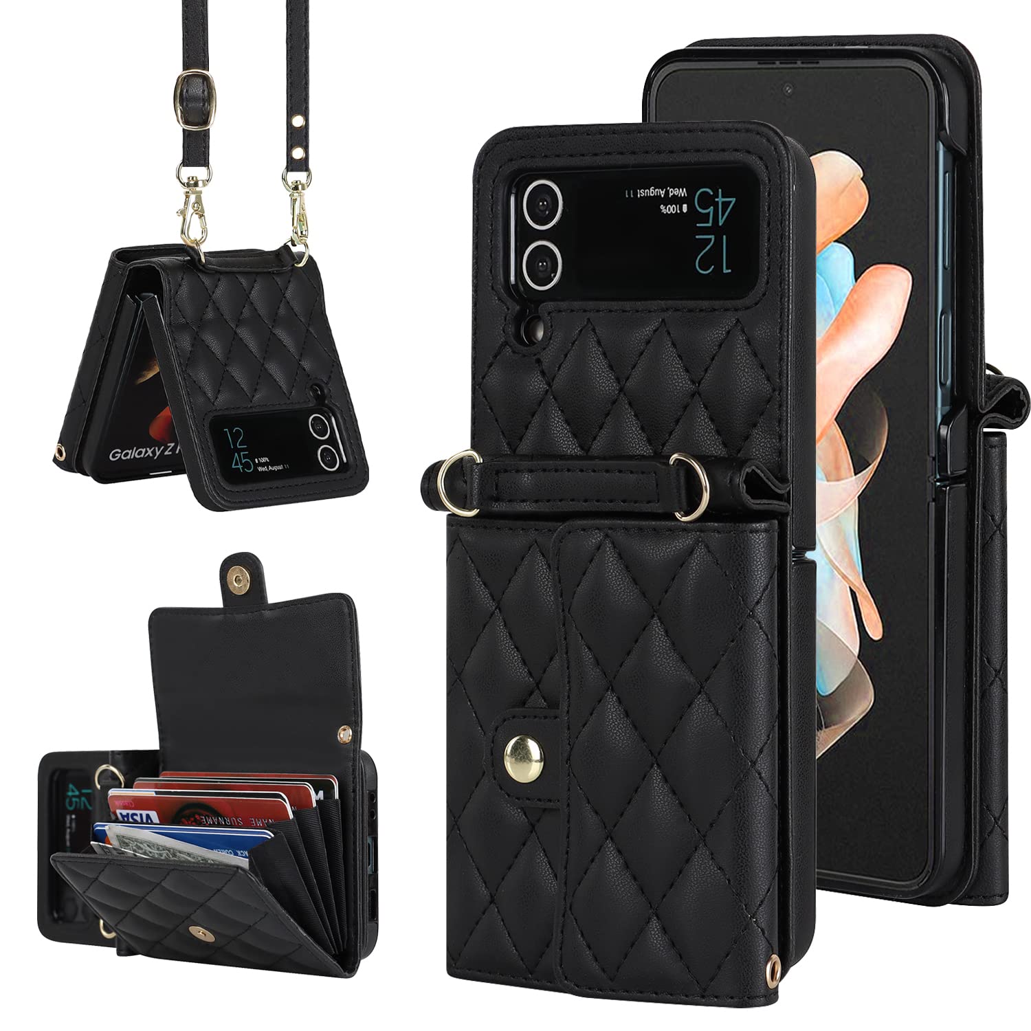 Photo 1 of Asuwish Phone Case for Samsung Galaxy Z Flip 4 5G 2022 Wallet Cover with RFID Blocking Crossbody Wrist Strap Stand Credit Card Holder Leather Mobile Cell Accessories ZFlip4 Z4 Flip4 4Z Women Men Black