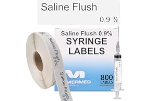 MERMED Saline Flush 0.9% Syringe Labels - Box of 800 Labels on Roll (1" core). 12mm x 40mm (Approx 0.5" x 1.5"). Latex-Free Permanent Adhesive. Printed in Australia by Specialist Medical Printer.