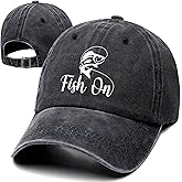 Fish On Funny Retro Washed Cotton Baseball Cap, Adjustable Lightweight and Breathable Unisex Sun Protection Hat Outdoor Accessories, Gifts for Fishing Lover Dad Grandpa Friend Husband Fisherman Black