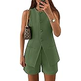 ZESICA Women's 2026 Summer 2 Piece Short Sets Sleeveless Crew Neck Suit Vest Tops High Waist Shorts Business Outfits
