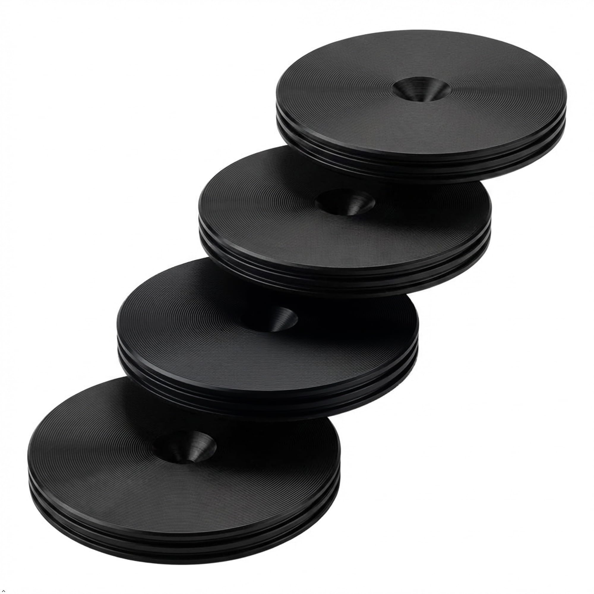 PrecisionGeek® Slim Speaker Spike Pads – Isolation Pads with Decorative Grooved Edge for HiFi Speakers, Subwoofers & Speaker Stands (Ø40 mm (5.5 mm) – Black Aluminium – Pack of 4)