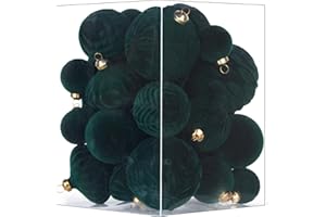 VAINECHAY Flocked Ornaments for Christmas Tree Decorations - 35pcs Dark Green Velvet Ball Ornament for Winter Holiday Decor - Plastic Shatterproof Xmas Ornaments Bulk