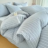 PinkMemory Blue Striped Duvet Cover Set King 100% Washed Cotton Blue Stripes Bedding Duvet Cover Set with Streak Pillowcases-Ultra Soft Breathable Zipper Closure Corner Ties
