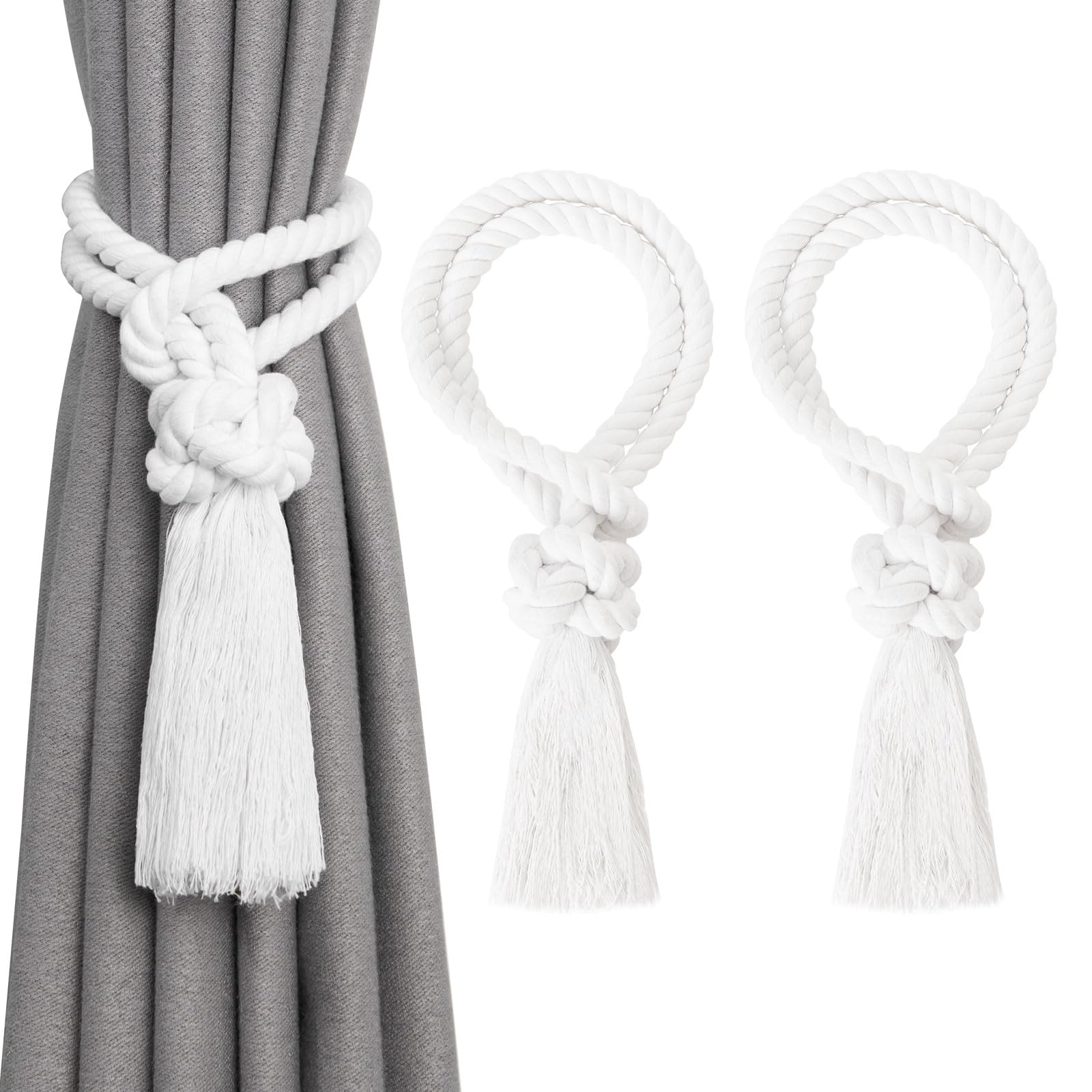 Pretty Jolly 2 Pack Natural Cotton Rope Tassel Curtain Tiebacks Boho Home Decor Drape Tie Backs Hand Woven Ball Curtain Holdbacks for Thin & Thick Home & Office Window Draperies (White)
