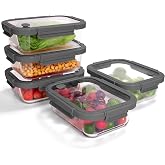 BOROHOUSE 5-Pack Borosilicate Glass Containers with Tempered Glass Lids, 35.2oz/4.4 Cup Airtight Meal Prep Set, Microwave/Freezer Safe (Gray)