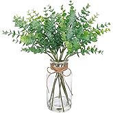 gonfaci Fake Eucalyptus Stems in Glass Vase with Faux Water, 14" Artificial Plants Eucalyptus Leaves for Shelf Desk Bathroom Farmhouse Room Coffee Table Home Decor (Sage Green)