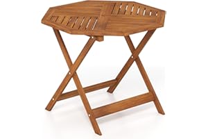Tangkula Wood Patio Dining Table with 1.97" Umbrella Hole, 35.5" Outdoor Teak Oil Finish, Wooden Octagon Table with Slatted T