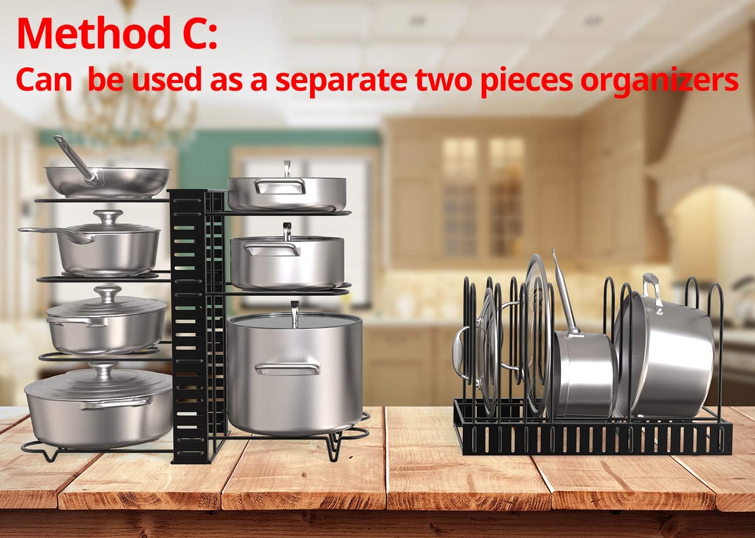 Vdomus Extensible Pot Rack Organizer with 4 DIY Methods, Length Adjustable and Max Extended to 31 inches 13+ Pans Holder, Black Metal Kitchen Cabinet Pantry Pot Lid Holder: Home Improvement