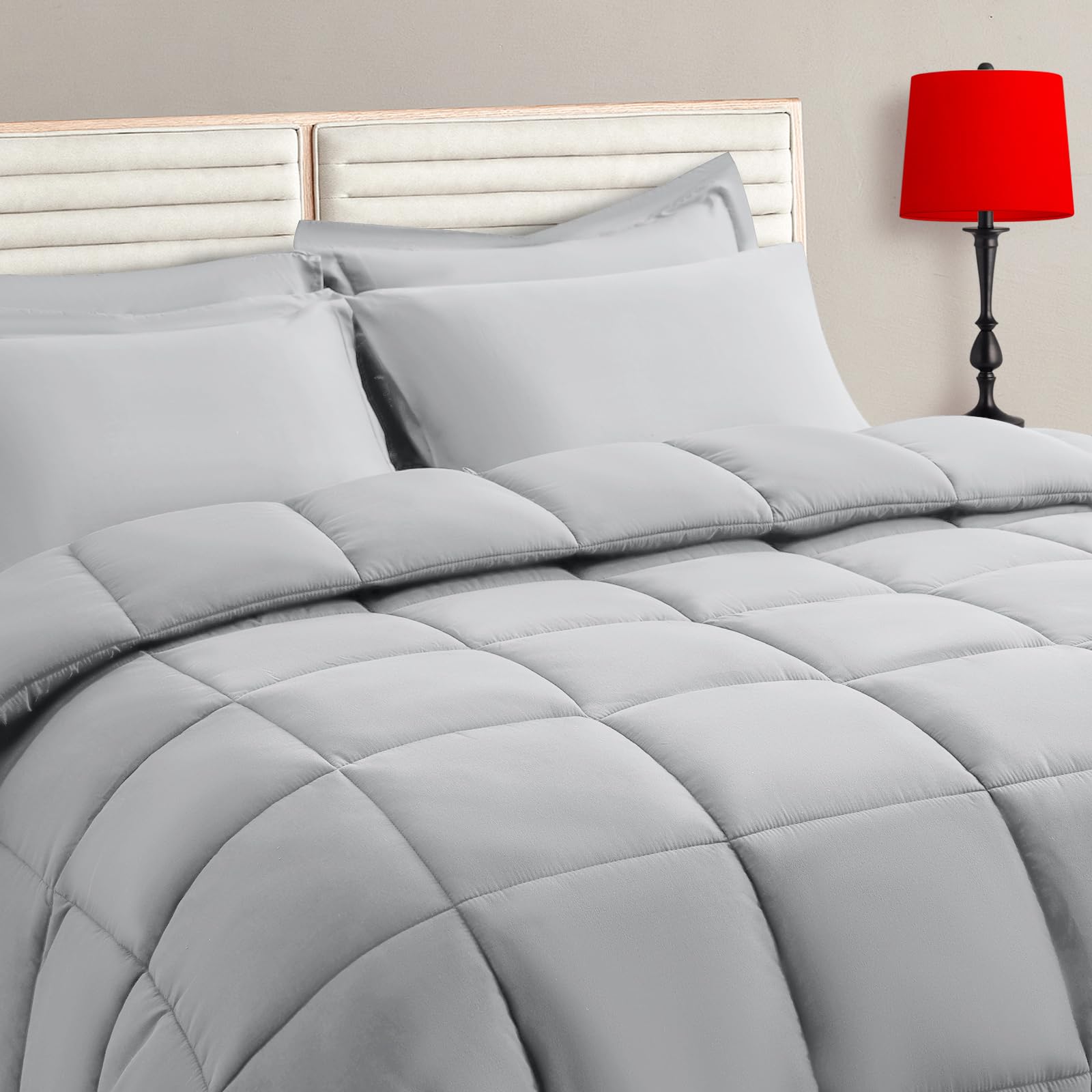 Photo 1 of Light Grey Full Size Comforter Set - 7 Pieces, Bed in a Bag Bedding Sets with All Season Soft Quilted Warm Fluffy Reversible Comforter,Flat Sheet,Fitted Sheet,2 Pillow Shams,2 Pillowcases,Light Gray