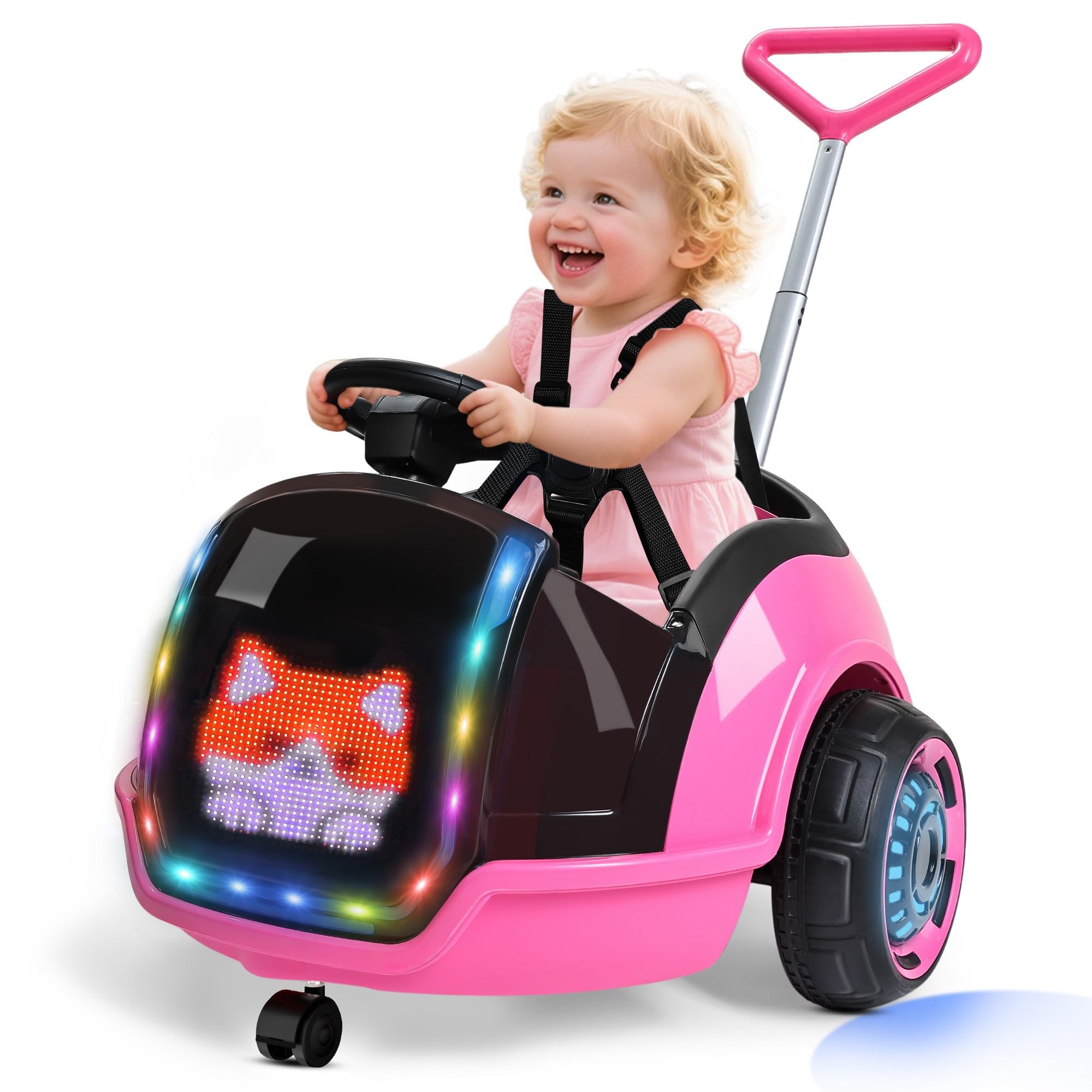 ANPABO 3-in-1 Electric Push Ride On Car, 12V Kids Ride On Toy w/Remote Control, 360° Spin, LED Display, 5-Point Safety Belt, Colorful LED Light, Music Player, Push Car for Toddler Ages 1-3 (Pink)