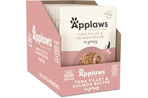 Applaws Natural Wet Cat Food in Gravy, Limited Ingredient Wet Cat Food Pouches, No Additives, Made with Natural Ingredients, Tuna with Salmon in Gravy (12 x 2.47oz Pouches)