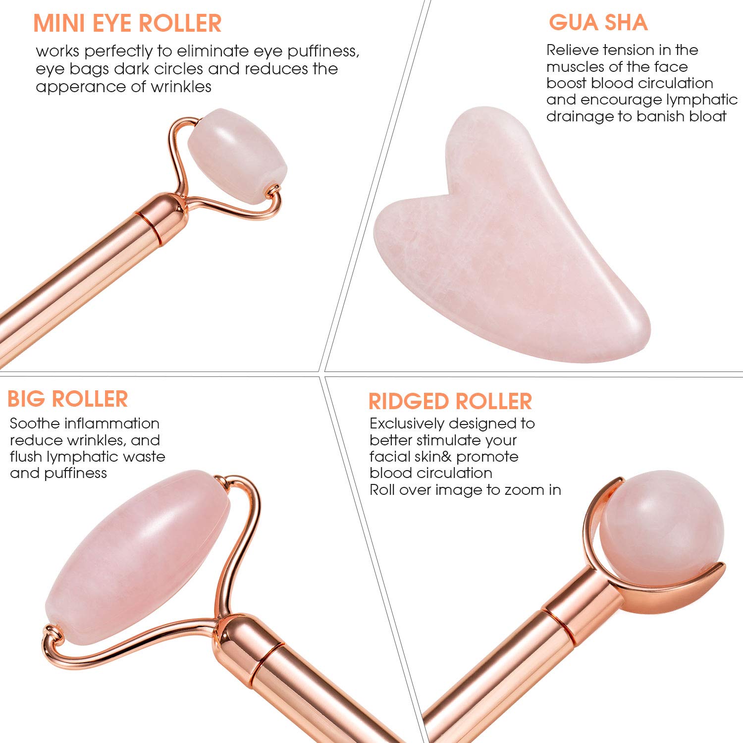 Facial Roller，4 in 1 Rose Quartz Facial Jade Roller & Massager, 4 Changeable heads Facial Skin Care Tools for Face Roller, Eye, Neck, Body: Beauty