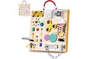 GNAYUIJ Montessori Wooden Busy Board Toys for 1 2 3 Years Old Boys Girls,Toddler Sensory Educational Fidget Board Travel Toy with LED Light Up Switches & Music Boxes, Locks for 1 to 6 Year Kids Gifts