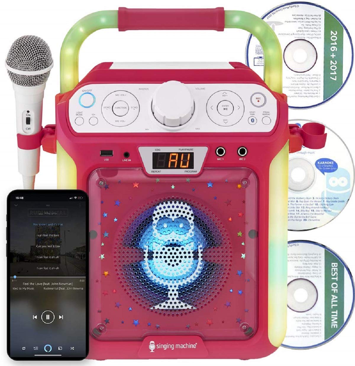 Singing Machine SML682BTP Bluetooth and CD Karaoke Machine with LED Lights and Microphone - Pink