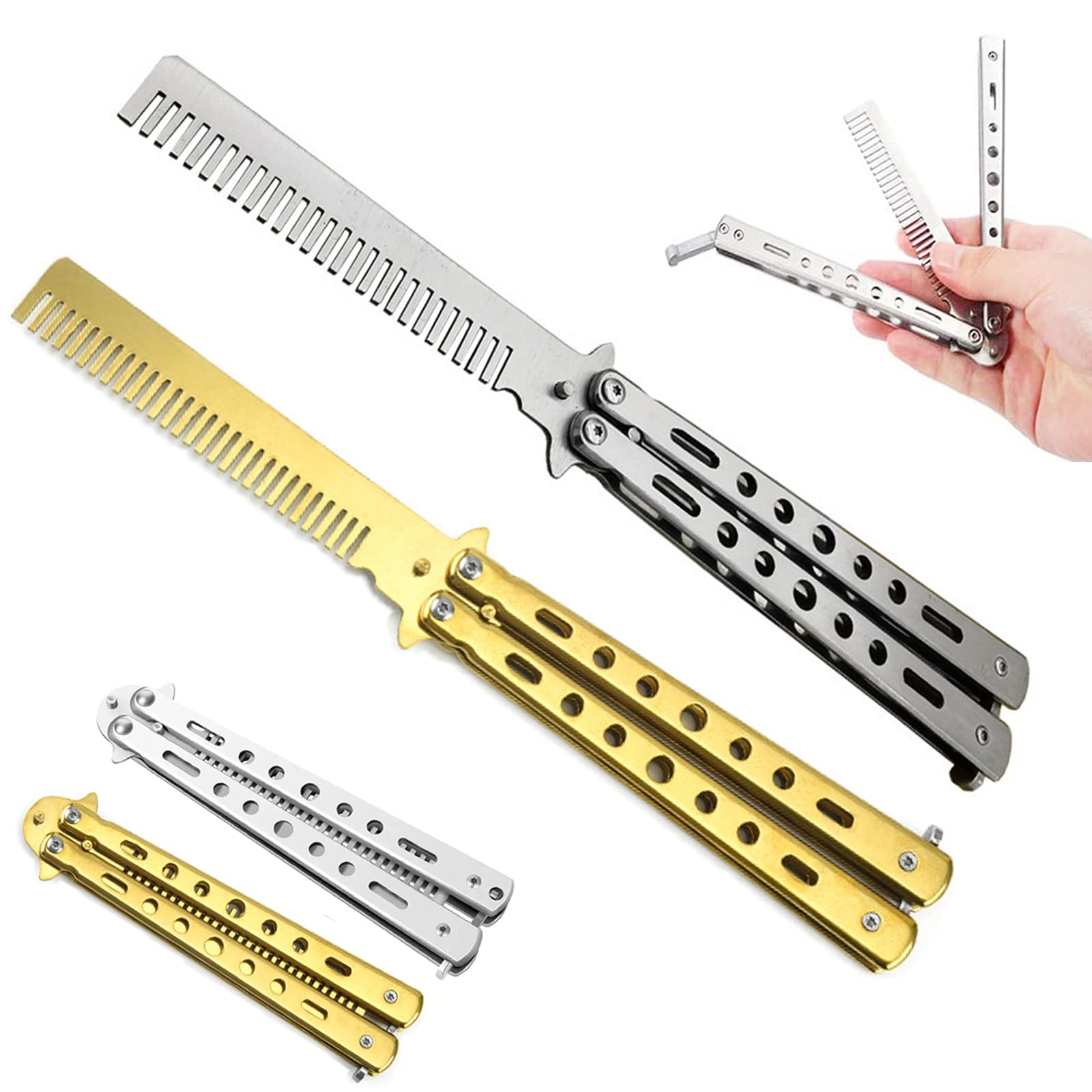 Butterfly Comb, 2 PCS ButterflyComb Stainless Steel Foldable,TrainingComb, Foldable Pocket,Hair Styling Accessories ButterflyComb Beginner, Hair Comb(White/Gold)