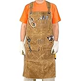 MIKI WELL Men's Waxed Canvas Woodworking Apron With Pockets Heavy Duty Workshop Apron Adjustable Cross Straps to S-3XL