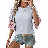 EVALESS 3/4 Length Sleeve Womens Tops Dressy Casual Blouses Floral Print Crewneck Patchwork Shirts 2026 Spring Outfits