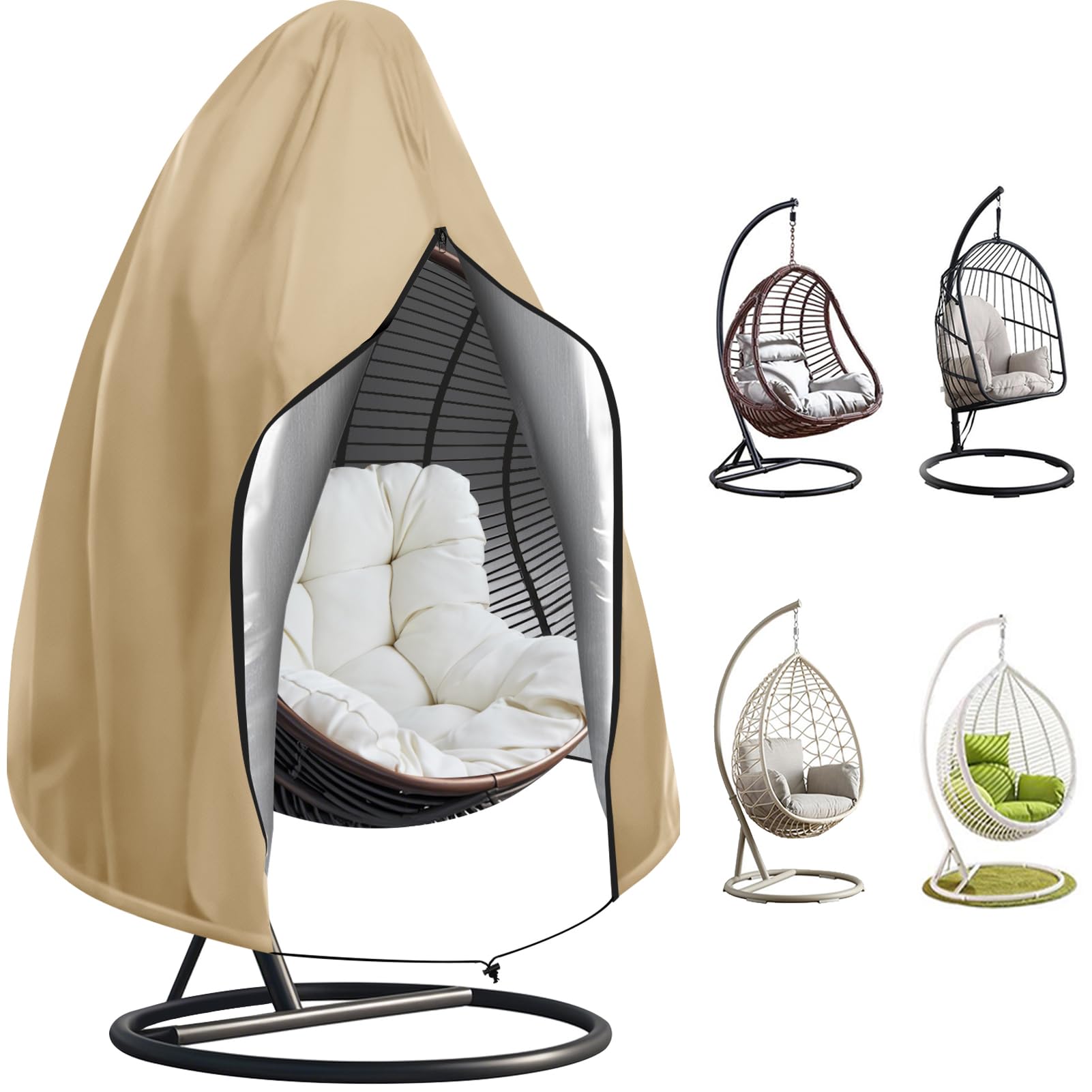 Teynewer Patio Hanging Egg Chair Cover, Outdoor Single seat Cocoon Swing Egg Chair Cover Waterproof with Zipper, 210D Heavy Duty Veranda Garden large Cover for egg chair on stand 190 x 115 cm, Khaki