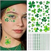 EMOME St Patrick Day Accessories, St Patrick's Day Shamrock Face Tattoo with Green White Face Gems, Saint Patrick's Day Makeup Art Decorations for Women, Girls