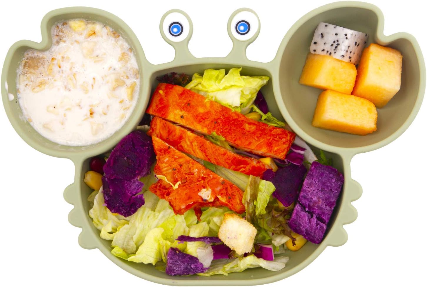 Qshareお食事用ミニマット 赤ちゃんランチョンマット離乳食 食器 ピッタリ吸着 ひっくり返らない 幼児 子供 適用 BPAフリー 滑り止め シリコン製ベビー食器 (ミニ-カニ, 抹茶の緑-カニ)
