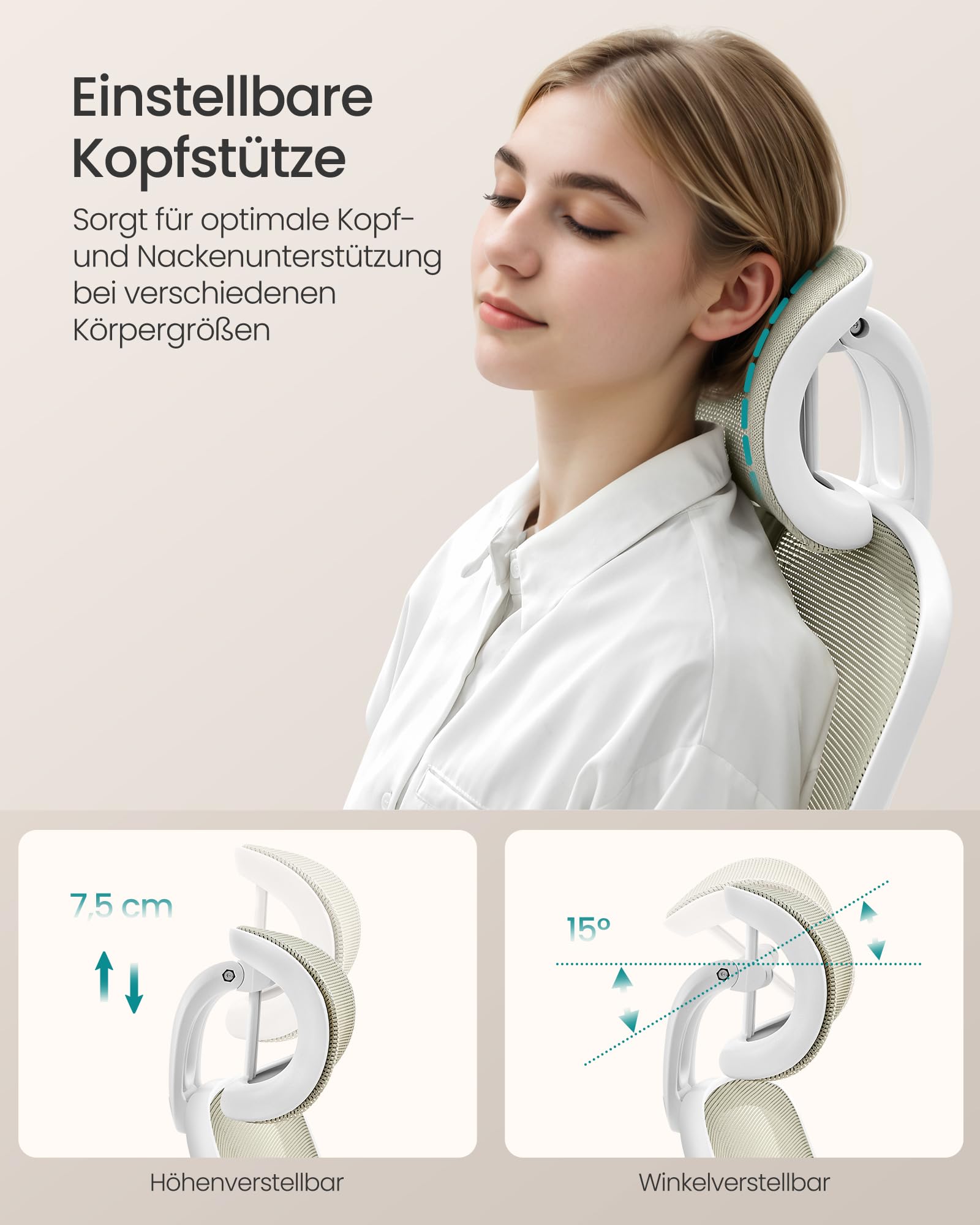 SONGMICS Bürostuhl ergonomisch, Drehstuhl mit Mesh, Lenden- und Kopfstütze, Wippfunktion, 53 cm große Sitzfläche, klappbare Armlehnen, Arbeits- und Schlafzimmer, Studenten, cappuccinobeige OBN047K01 5