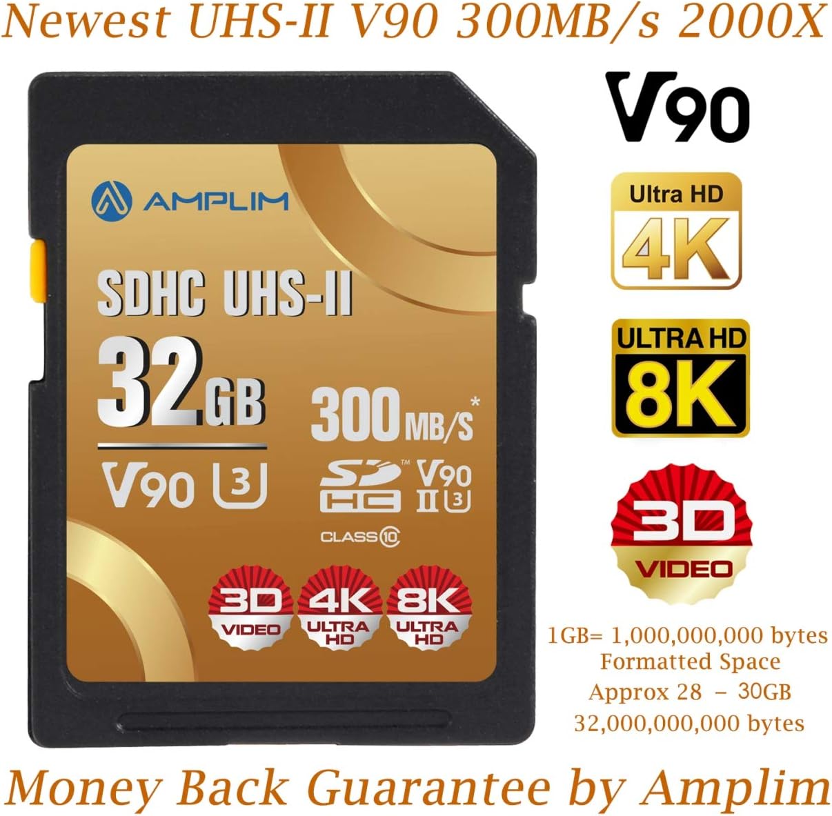 32GB UHSII V90 SDXC SD Card Amplim Blazing Fast 300MB/s (2000X) UHSII U3 Extreme