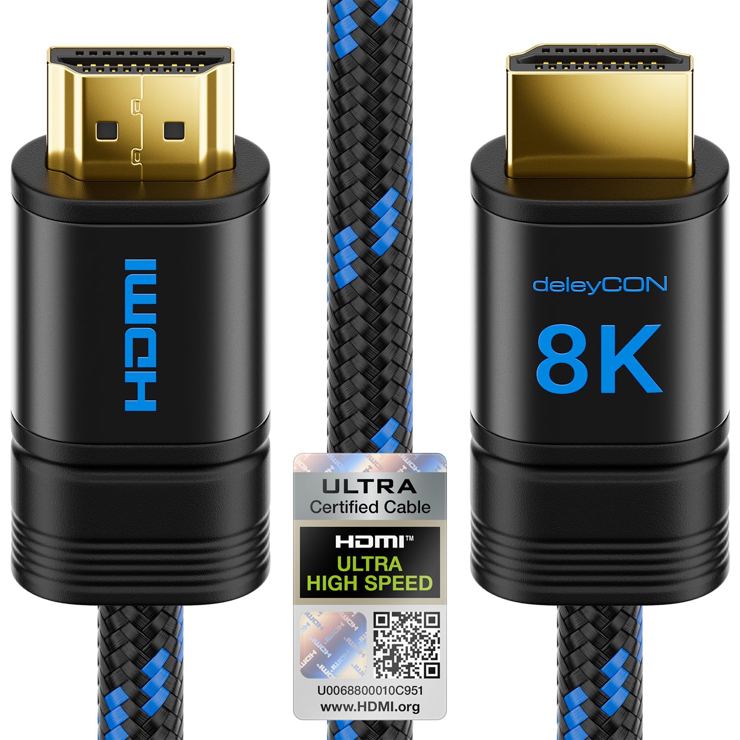 deleyCON 1.5m (4.92 ft.) 8K UHD-II HDMI 2.1 Nylon Cable 4320p 2160p 8K@60Hz 4K@120Hz 7680 x 4320p Metal Connectors Dolby DTS HDR eARC CEC HDTV Ethernet