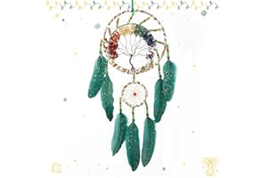 PRETTY JOLLY Christmas 7 Chakras Tree of Life Dream Catchers Green Feather Glitter Xmas Dreamcatcher Wall Decor with Rainbow Healing Crystal Stone New Year Ornaments Wall Hanging for Bedroom Decor Bless Gift