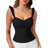 LYANER Women's Sweetheart Neck Ruffle Strap Ruched Sleeveless Ribbed Knit Casual Cami Top