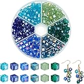 PH PandaHall 300pcs Blue Glass Crystal Beads for Jewelry Making, 6mm Transparent Faceted Cube Beads Ocean Beach Glass Bead Loose Bead for Summer Boho Bracelet Necklace Earring and DIY Craft, Hole 1mm
