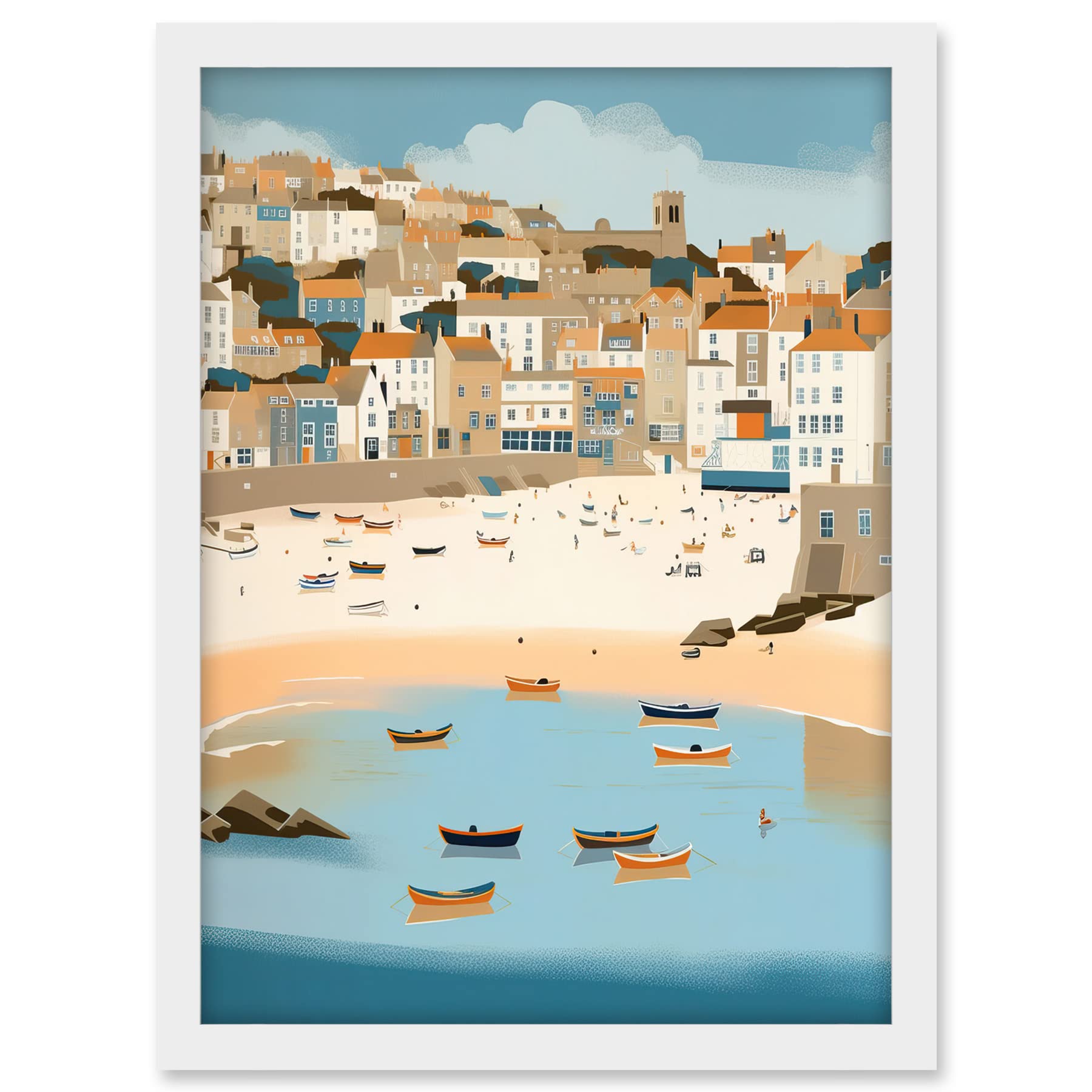 Artery8 Small Boats in St Ives Bay Coastal Cityscape Artwork Framed A3 Wall Art Print