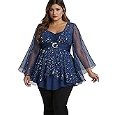 ROSE GAL Plus Size Womens Elegant Sparkly Gold Stamping Stars Print Long Flare Sleeve 2 in 1 Flowy Top