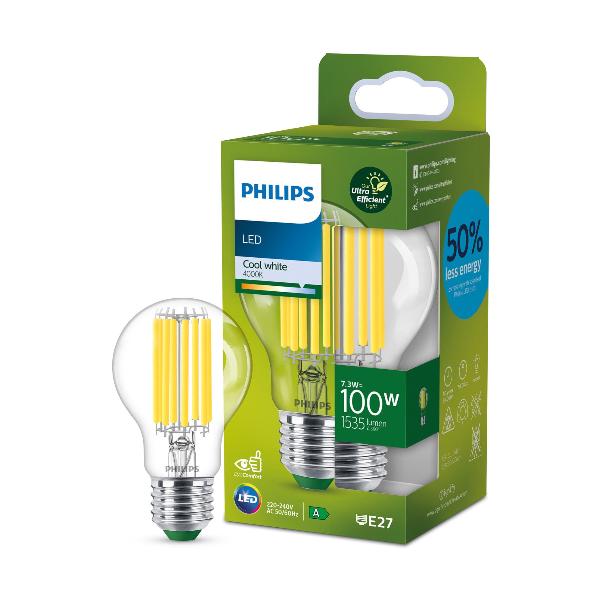 PHILIPS Ultra Efficient - Ultra Energy Saving Lights, LED Light Source, 100W, A60, E27, Cool White 4000 Kelvin, Clear — image 1