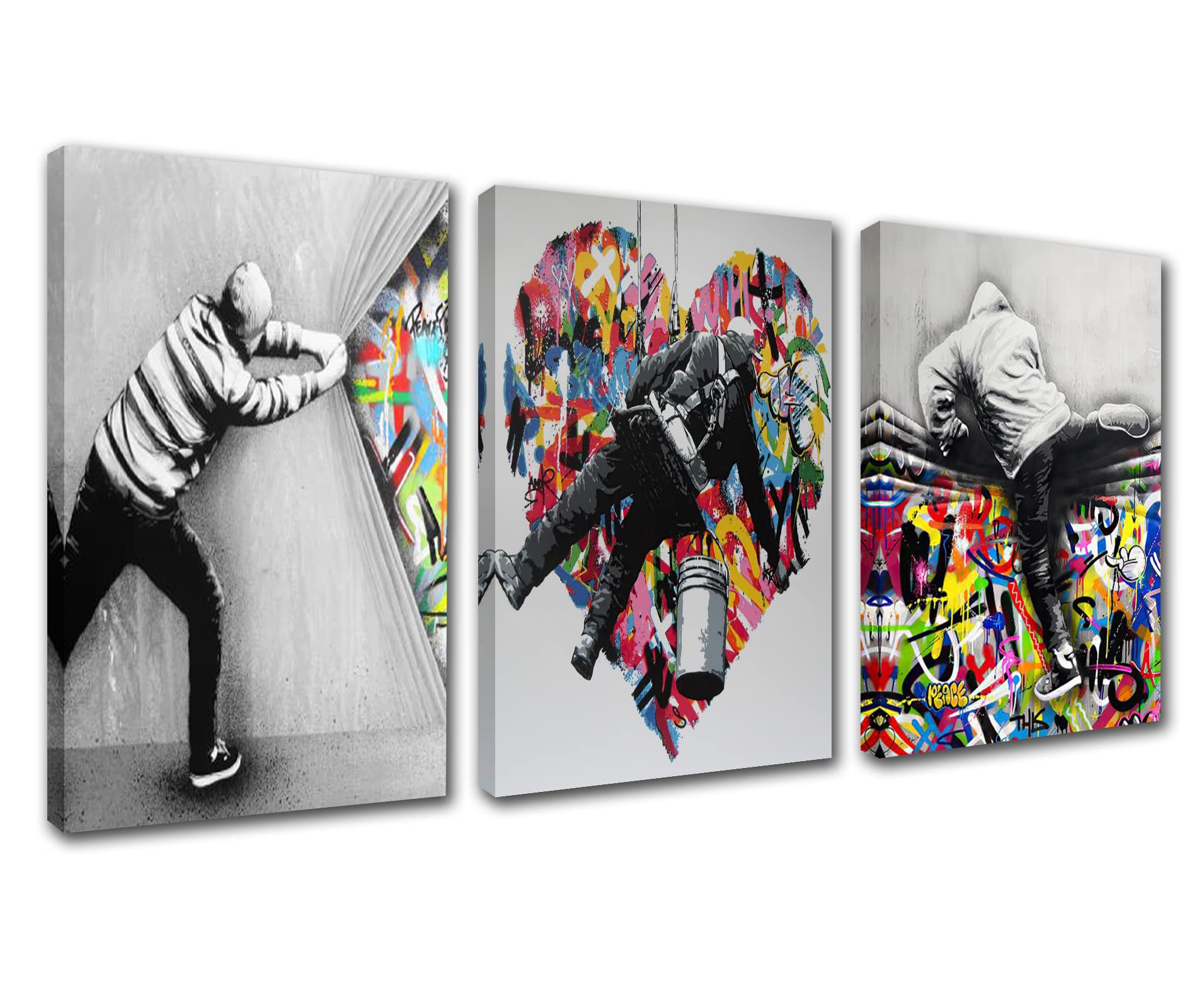 Classical Street Art Decor Banksy Graffiti Pictures Love Heart-shape Paintings Bohemian Artwork 3 Panels Canvas Wall Art Living Room Home Modern Decor Framed Giclee Ready to Hang(42''W x 20''H)