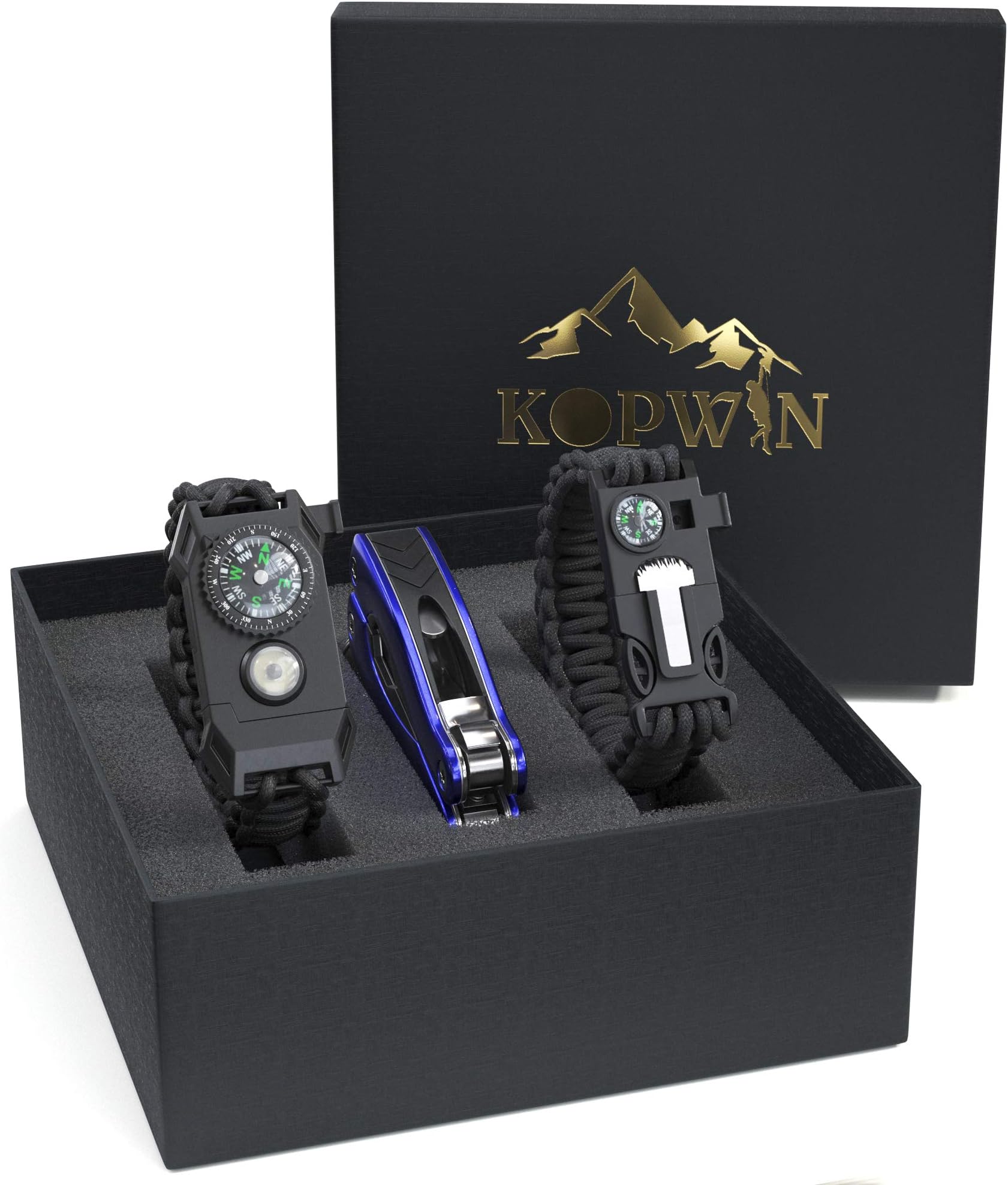 Kopwin Paracord Survival Bracelet Set - Bonus Keychain Multitool Included. Paracord Bracelet with Compass, Magnesium Flint Fire Starter, Emergency Whistle, Knife and Led Light. Set of 2.