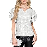 YHHOWEP Women Sparkle Sequin Tops Glitter V Neck Blouse Tiered Ruffles Sleeve Cocktail Soiree Evening Party Disco Club Shirt