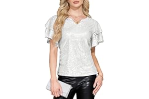 YHHOWEP Women Sparkle Sequin Tops Glitter V Neck Blouse Tiered Ruffles Sleeve Cocktail Evening Party Club Concert Shirt