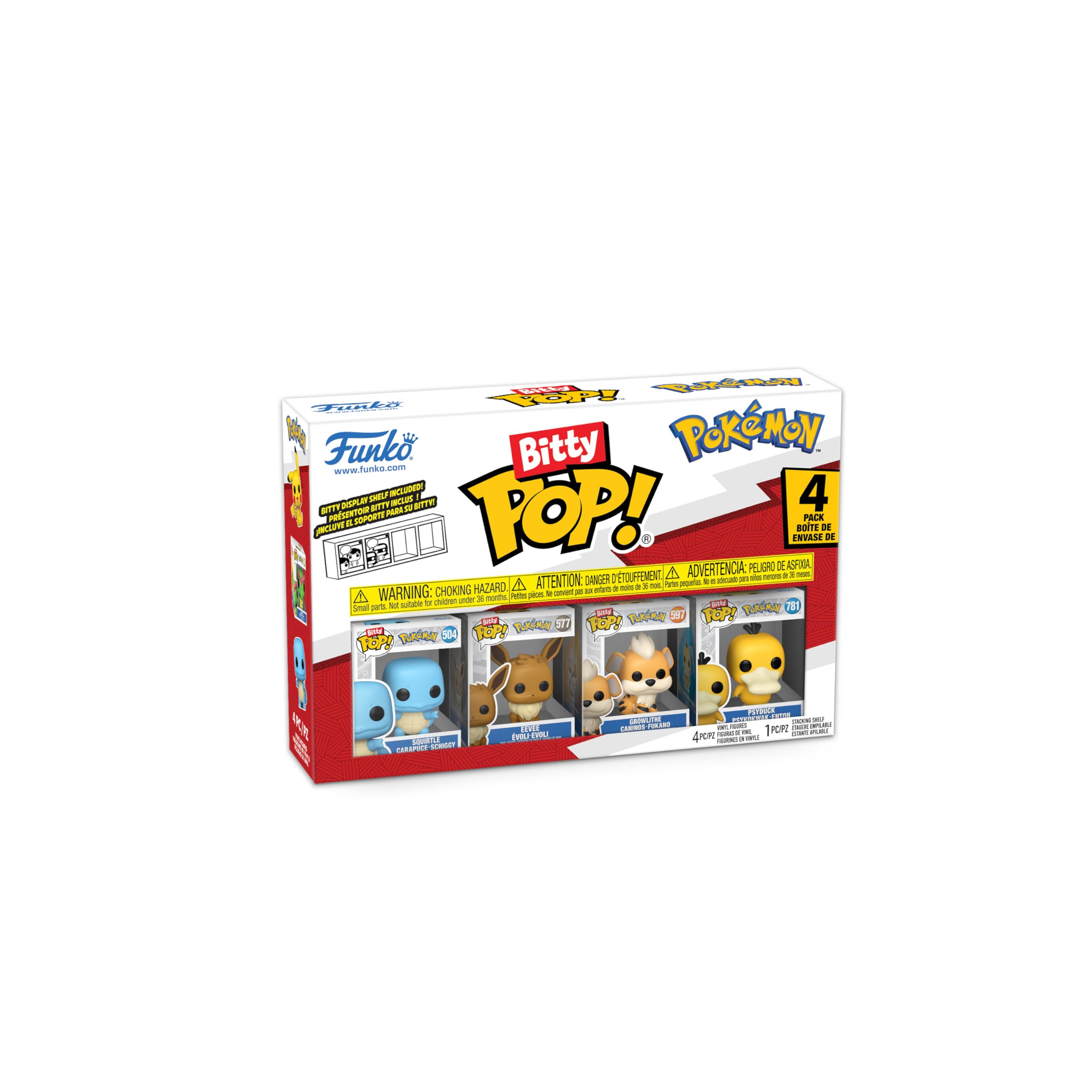 Funko Pop! Bitty: Pokemon - Squirtle, Eevee, Growlithe, and Psyduck - 0.9 Inch (2.2 Cm) Collectable - Stackable Display Shelf Included - Gift Idea - Party Bags Stocking