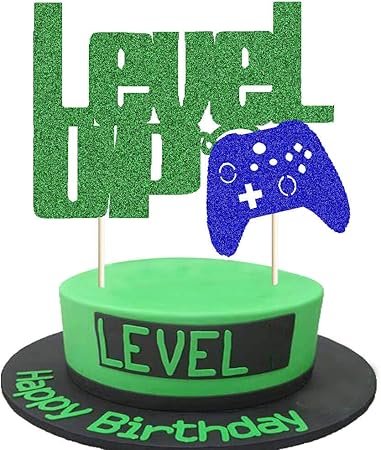 Amazon Com Level Up Cake Topper Green And Blue Glittery Video Game Party Cake Decor Video Game Controller Game Fans Gamer Gaming Themed Kids Boy Girl Happy Birthday Party Cake Supplies Decorations Toys Games