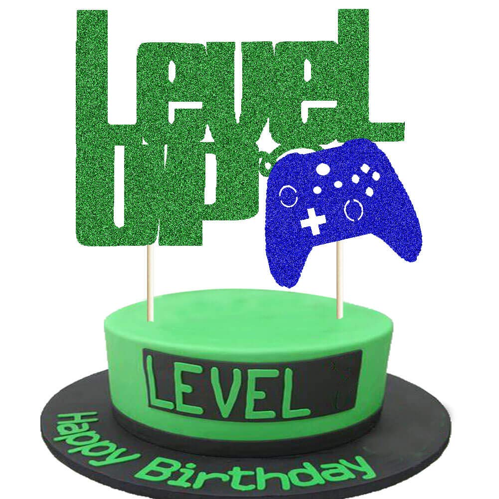 Amazon Com Level Up Cake Topper Green And Blue Glittery Video Game Party Cake Decor Video Game Controller Game Fans Gamer Gaming Themed Kids Boy Girl Happy Birthday Party Cake Supplies Decorations Toys Games
