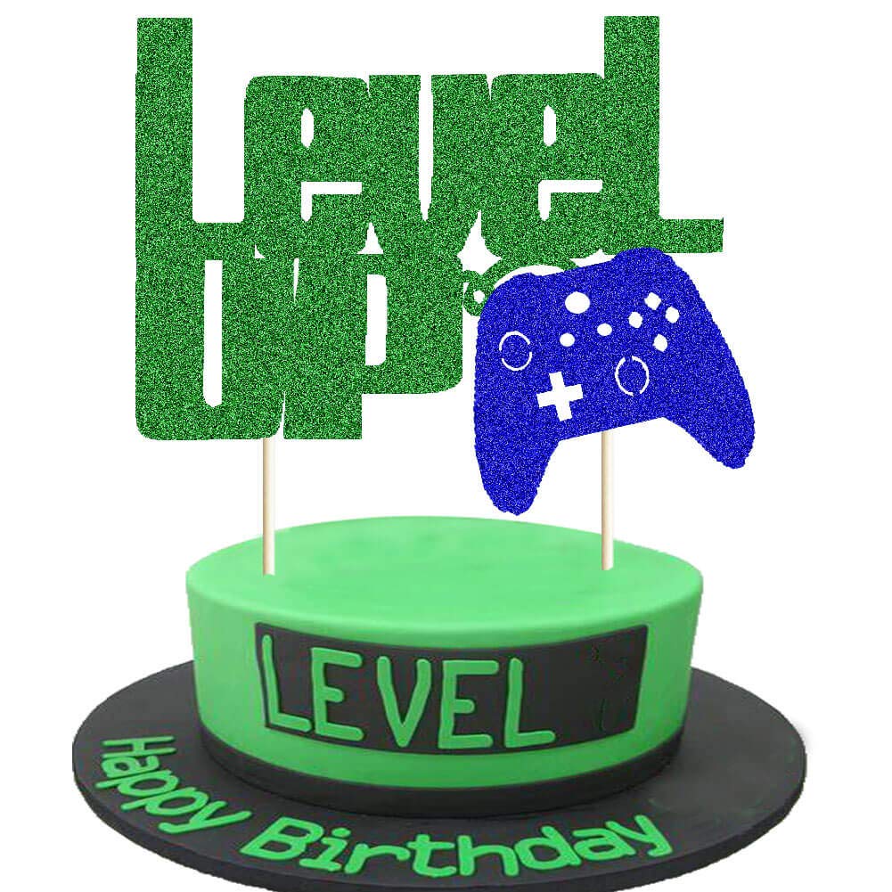 Level Up Cake Topper Green and Blue Glittery Video Game Party Cake Decor Video Game Controller/Game Fans/Gamer/Gaming Themed Kids Boy Girl Happy Birthday Party Cake Supplies Decorations