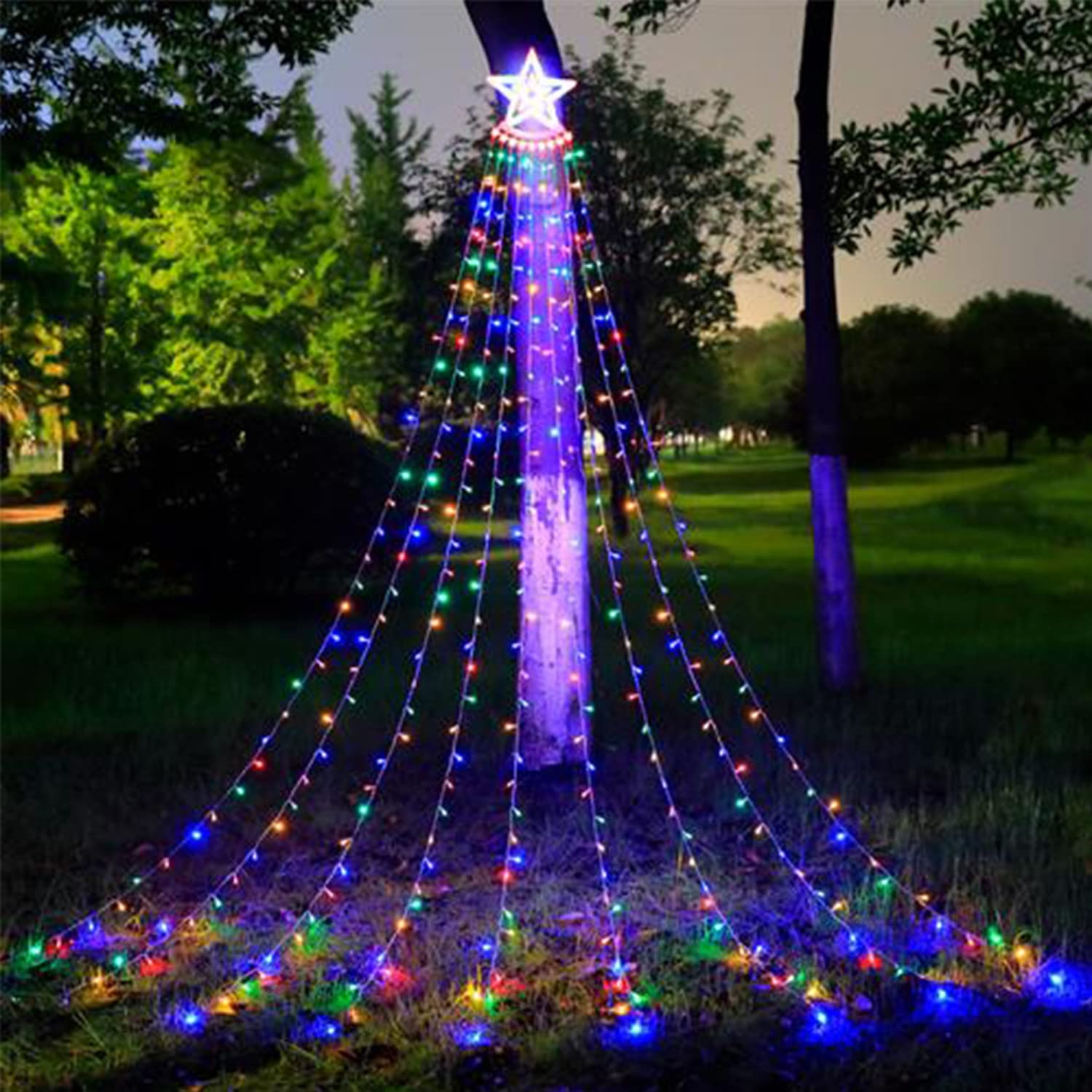 Esoes Christmas Lights Tree 350 LED Outdoor Christmas Decorations Waterfall Fairy Lights Waterproof Mains Powered with Topper Star 9 Strand String Light 8 Lighting Modes Fairy Lights (Colourful)