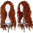 ANOGOL Hair Cap+Orange Curly Wig For Princess Costume, Copper Wig Red Orange Long For Halloween Costume Cosplay Wig Anime Cosplay, Peluca Rizada Naranja Curly Wig For Halloween Party