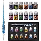 mancola Glass Dipped Pen Ink Set Handmade Crystal Calligraphy Pen with 12 Colorful india ink for Art, Signatures, Drawing, De