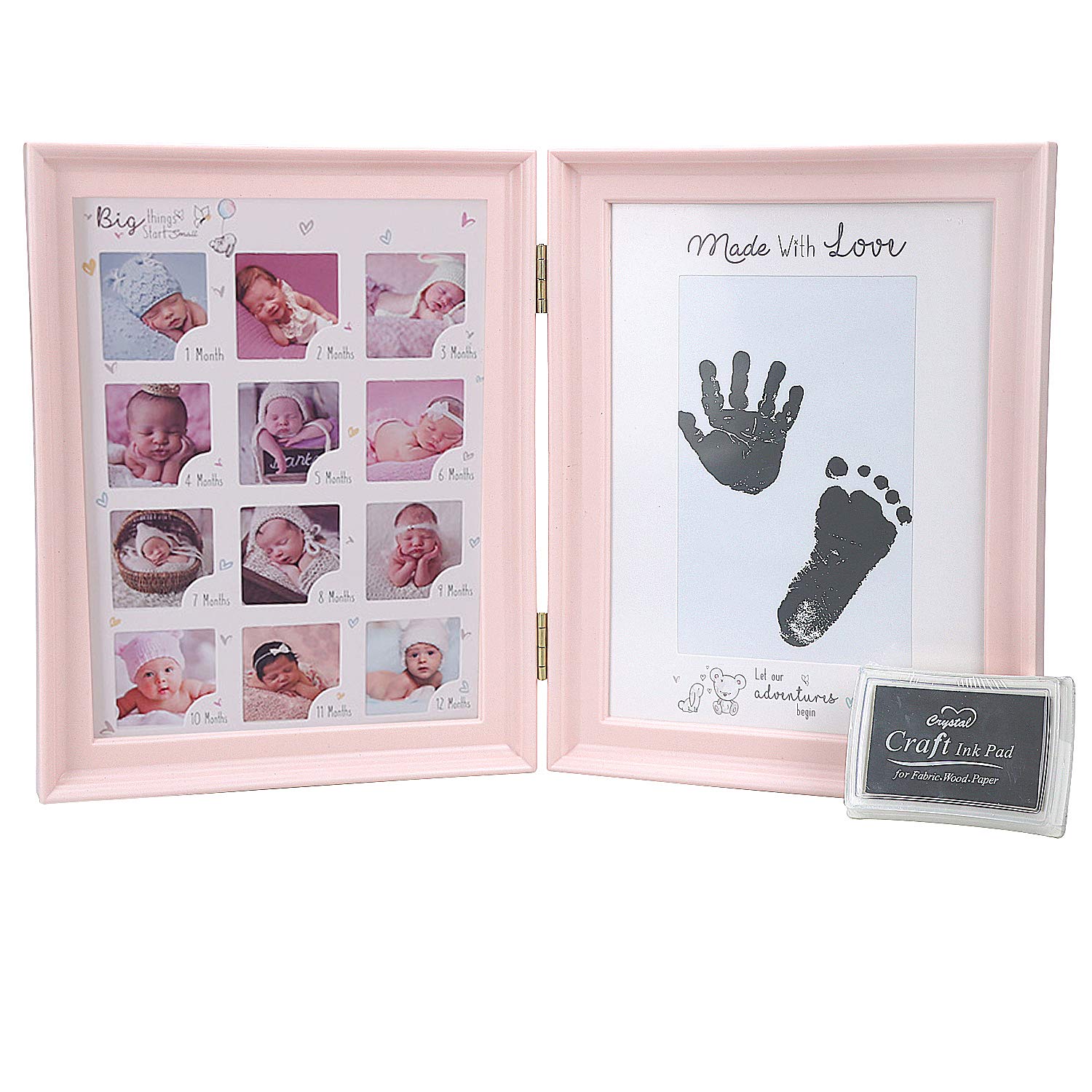 Baby Handprint Kit and Footprint Photo Frame for Newborn,Babyprints Paper & Ink Pad Memorable Keepsakes for Baby Shower Boys and Girls Gift Set,Decorations for Room Wall or Nursery Décor (Pink)