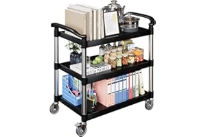 Utility Cart with Wheels, 3 Tier Heavy Duty Food Service Cart with Brake 360° Swivel Wheels (2 with Brakes) and 330 Lbs Loadi