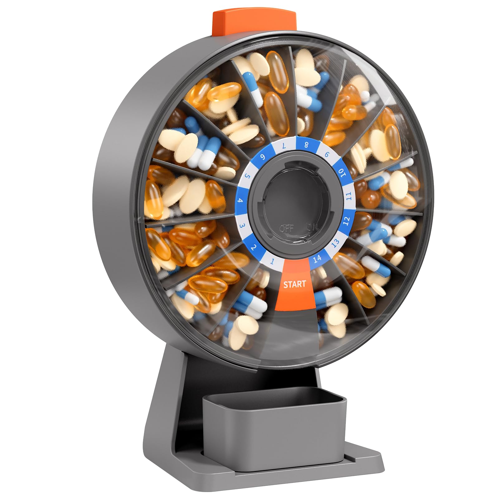 Photo 1 of Daviky Pill Dispenser Daily, Large Pill Organizer with Wall-Mounted or Standing Use, 14 Days Pill Container, Push Button Design, Weekly Pill Box for Vitamin, Medicine,Supplement, Fish Oil(Gray)